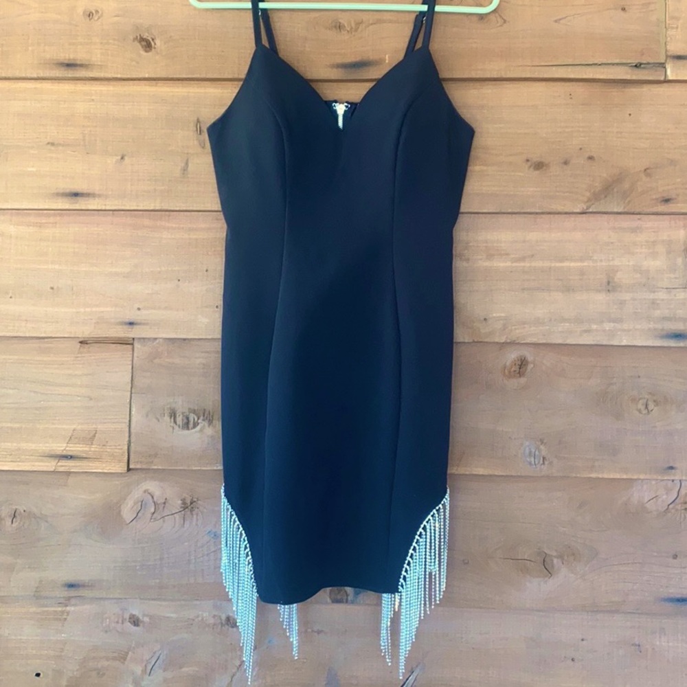 Black, Rhinestone Fringe, Mini Dress. Size Small